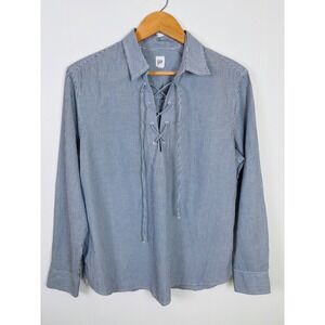 GAP Striped Lace-Up Long Sleeve Collared Pop-Over Shirt‎ Navy Blue White Large
